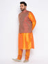 Vastramay Men's Plus Size Maroon Woven Nehru Jacket With Orange Kurta And Pyjama Set
